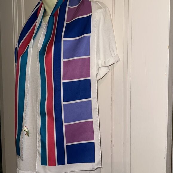 Vtg mid century Morsly Handkerchief Co multi color stripes & blocks long scarf - Picture 2 of 8